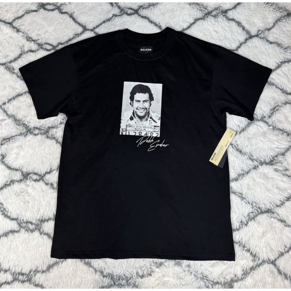 REASON‎ Pablo Escobar Medellin Cartel Mugshot T-Shirt Black Men's Sz L *NEW*